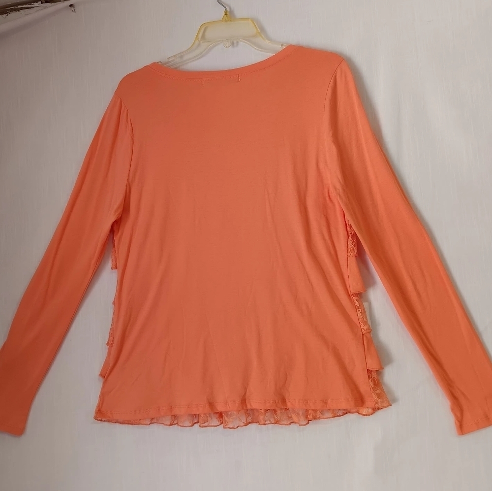 NWOT Top Blouse Tiered Front Lace ruffles, cotton modal, Long Sleeve,sz L. - Picture 4 of 14
